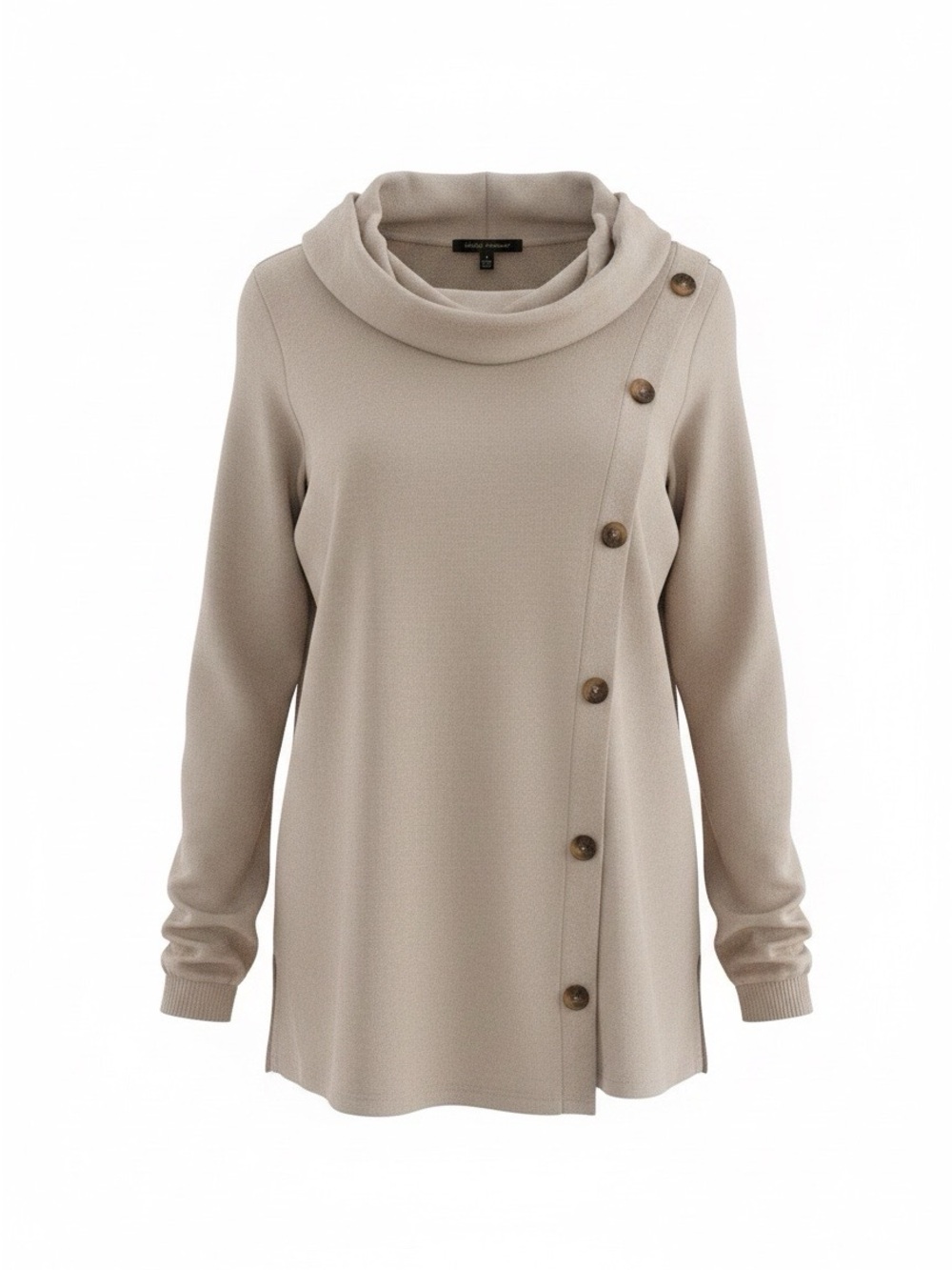 kathy ireland Button-Accent Cowl Neck Tunic Sweater - Beige Taupe